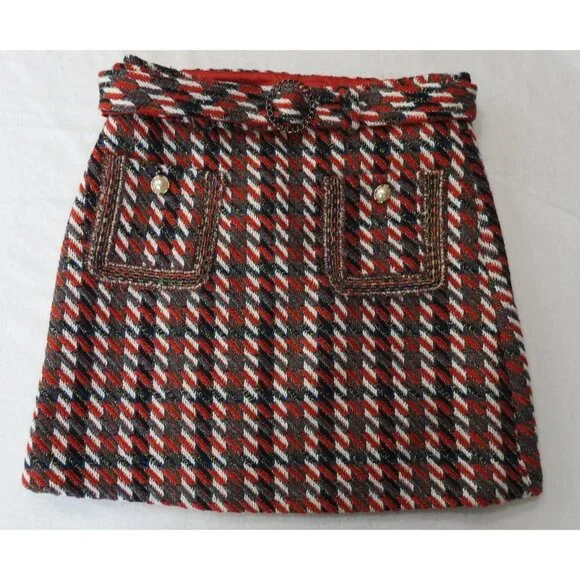 Classic Women's Tweed Skirt Sz XL Quilted Lined Belted Pearl Button Pockets Red - Picture 3 of 14